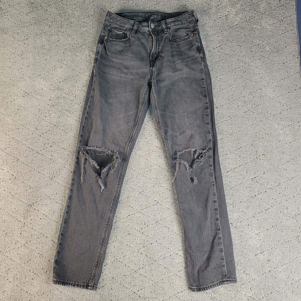 American Eagle Mom Jeans Womens 4 Black Distressed‎ Strigid Stretch Denim